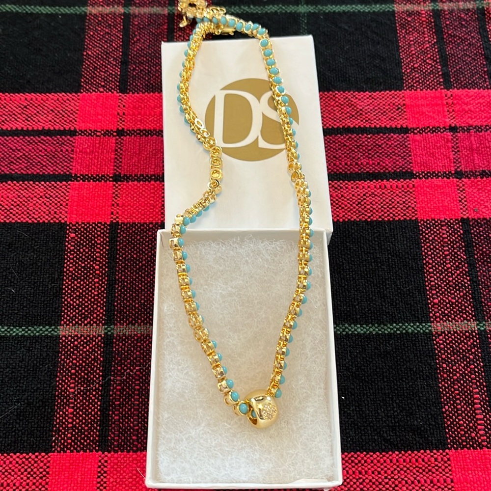 Daniela Swaebe “The Rondelle” Flower Charm Gold & Turquoise Tennis Necklace